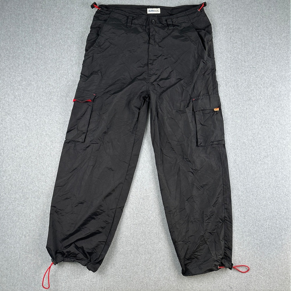 Burnside Cargo Pants Men's 34 Black Nylon Drawstring Hem Utility Outdoor Street
